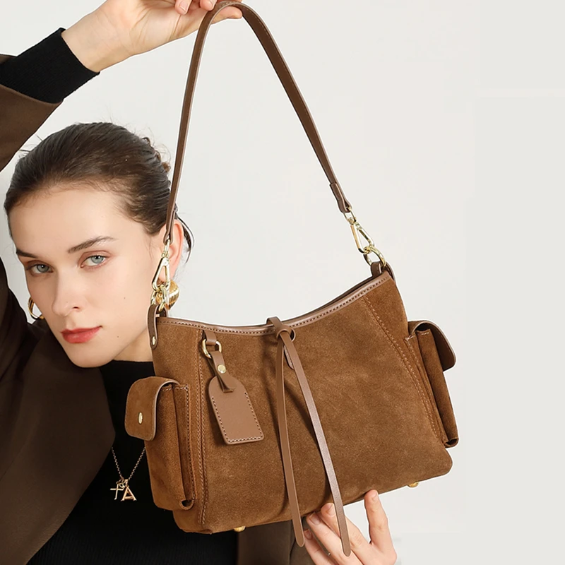 

Burminsa Suede Cowhide Genuine Leather Underarm Shoulder Bags For Women 2025 Luxury Designer Bucket Crossbody Ladies Handbags