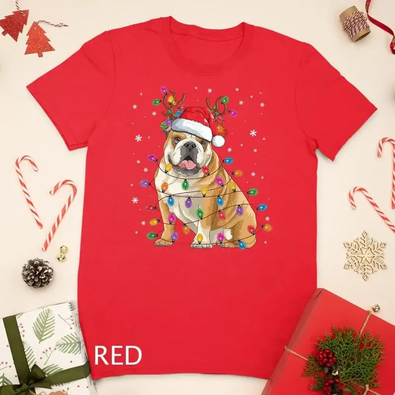 English Bulldog Christmas Reindeer Santa Hat Funny Dog Lover Unisex T shirt