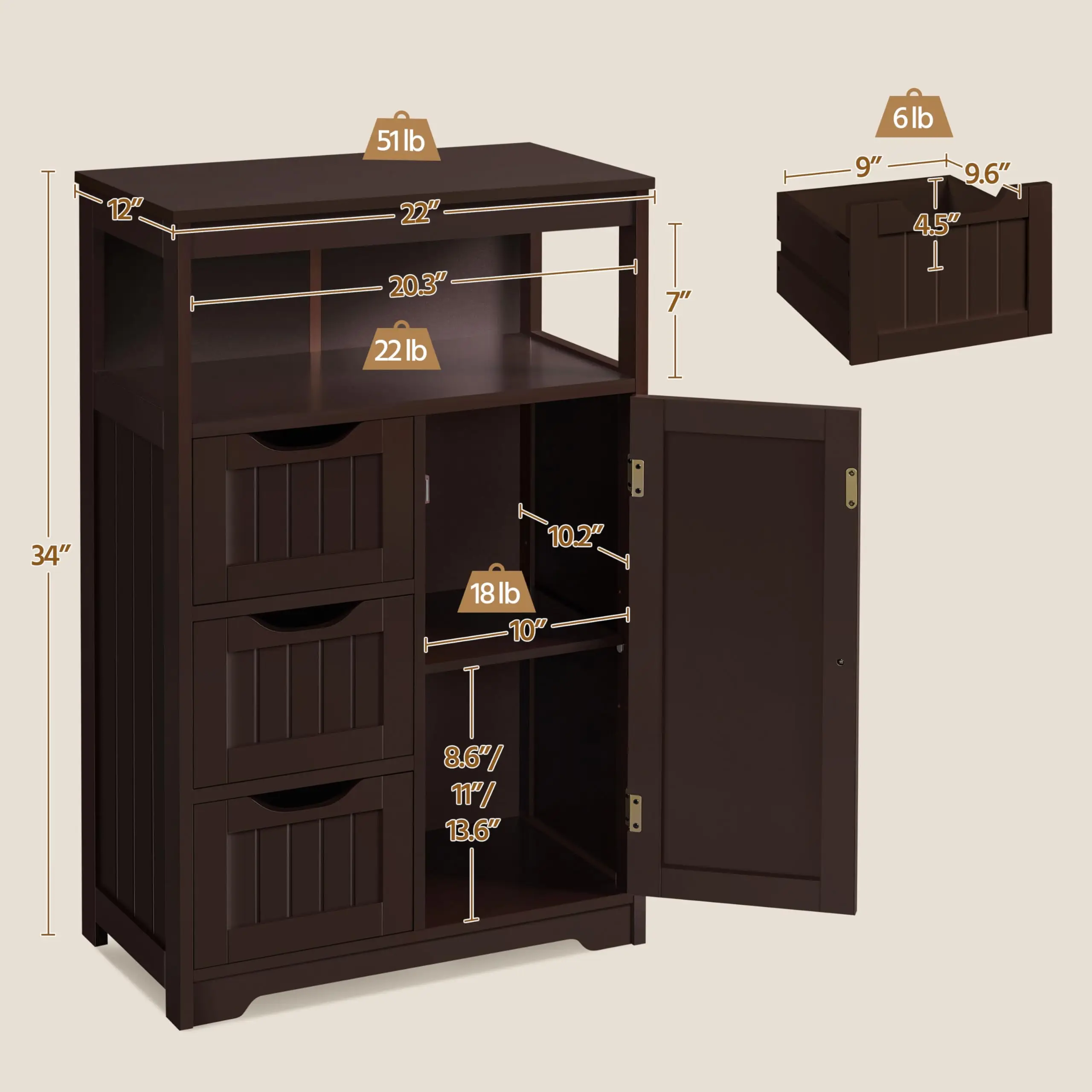 Wooden Storage Cabinet, Free Standing Bathroom Floor Cabinet with 3 Drawers and 1 Cupboard, Multi-purpose Organizer, Espresso
