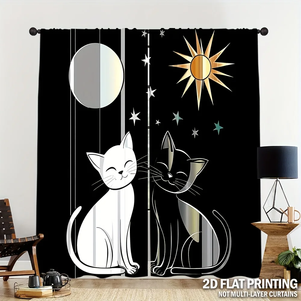 Black White Cat Moon Sun Print Curtain, Cute Kitten Silhouette Pattern Drape, Modern Cartoon Window Treatment for Living Room
