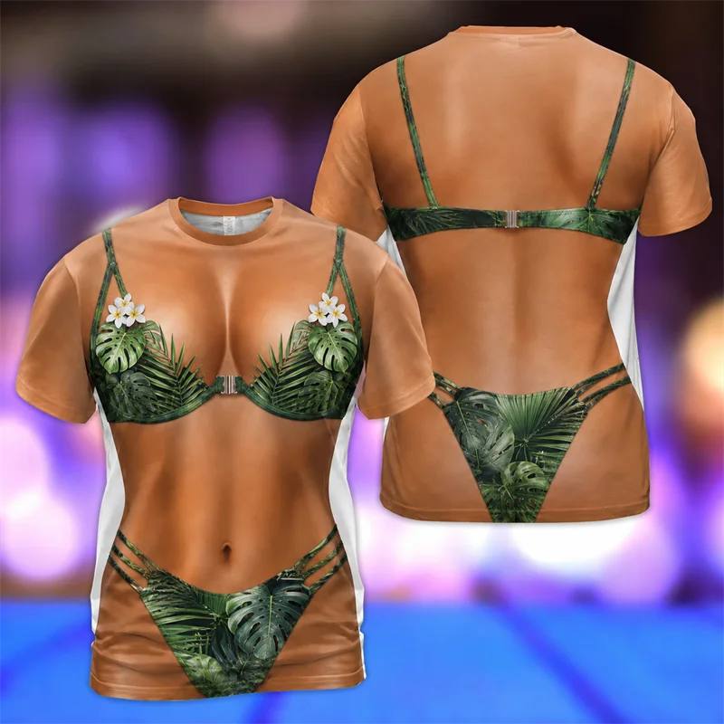 Ladies Sexy Bikini Effect Shirt 3D Printed Palm Leaf Pattern T-shirt Men Summer Casual T Shirt Beach Vacation Party Y2k Clothes