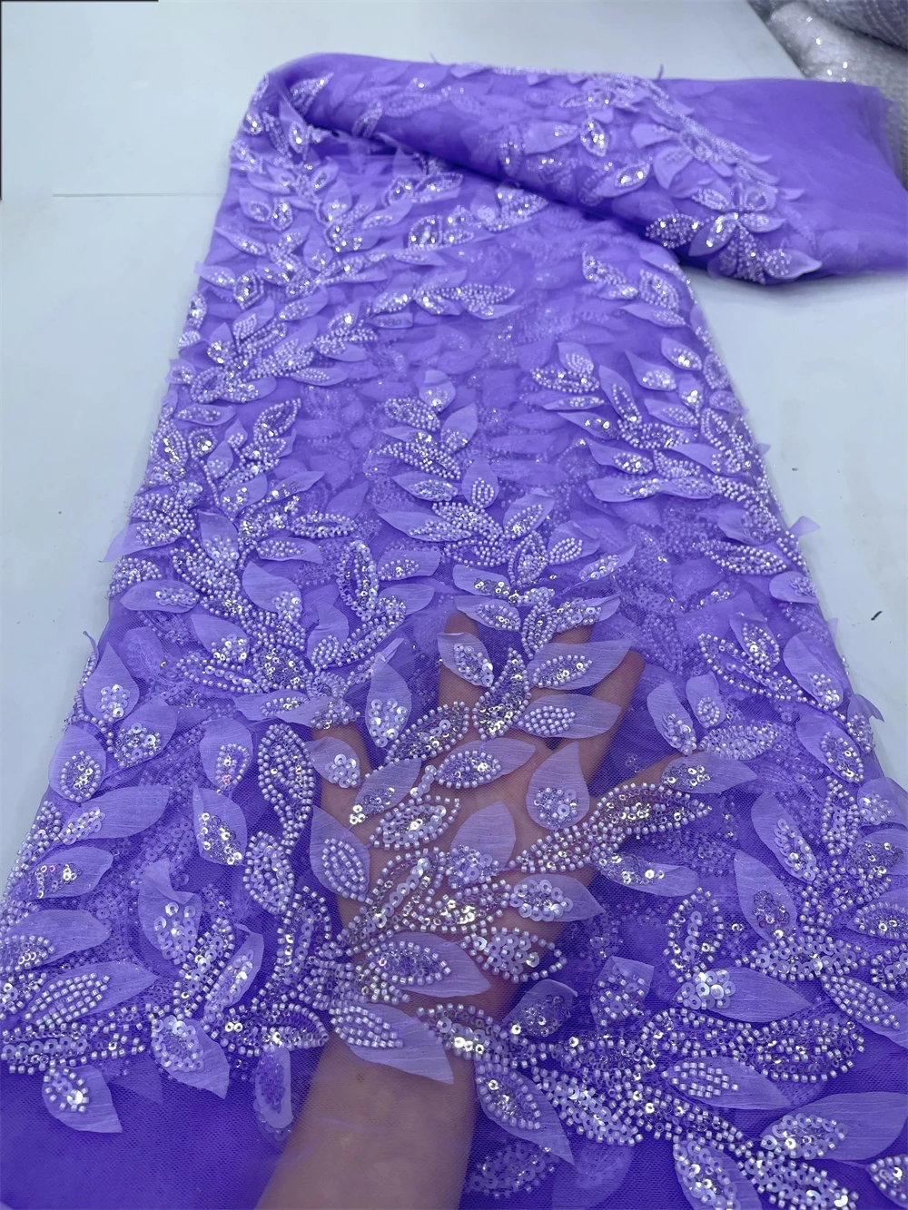 3D Leaves African Beaded Lace Fabric, Nigerian Sequins Tulle Fabric for Wedding Dress, French Luxury Beads, High Quality, jy327