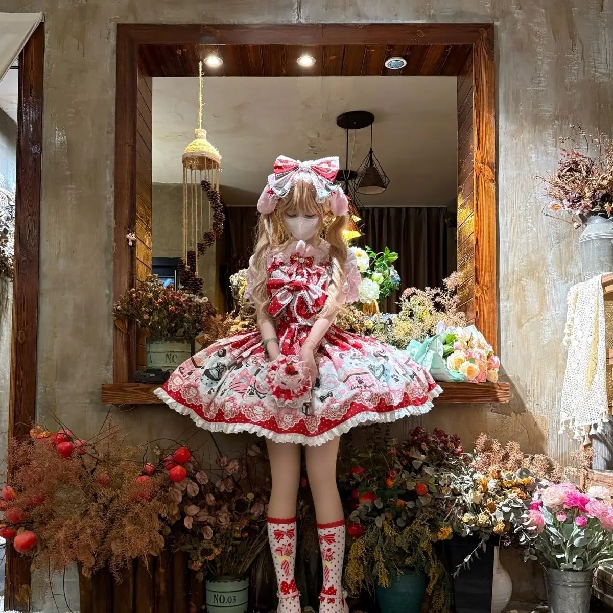 Original Design Cute Lolita Short Puff Sleeve OP Dress Women Vintage Kawaii Cartoon Print Apron Tea Party Princess Dress