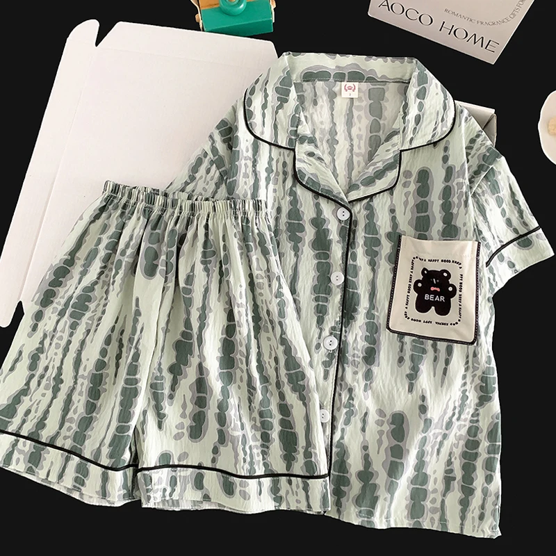 

Summer Cute Cartoon Bear Cloud Cotton Cardigan Collar Home Clothes Set