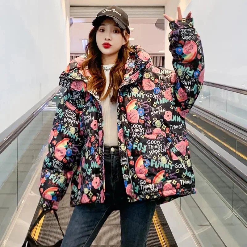 Novo outono inverno moda feminina graffiti impressão para baixo casaco de algodão lazer solto com capuz parka à prova de vento manter quente jaqueta feminina