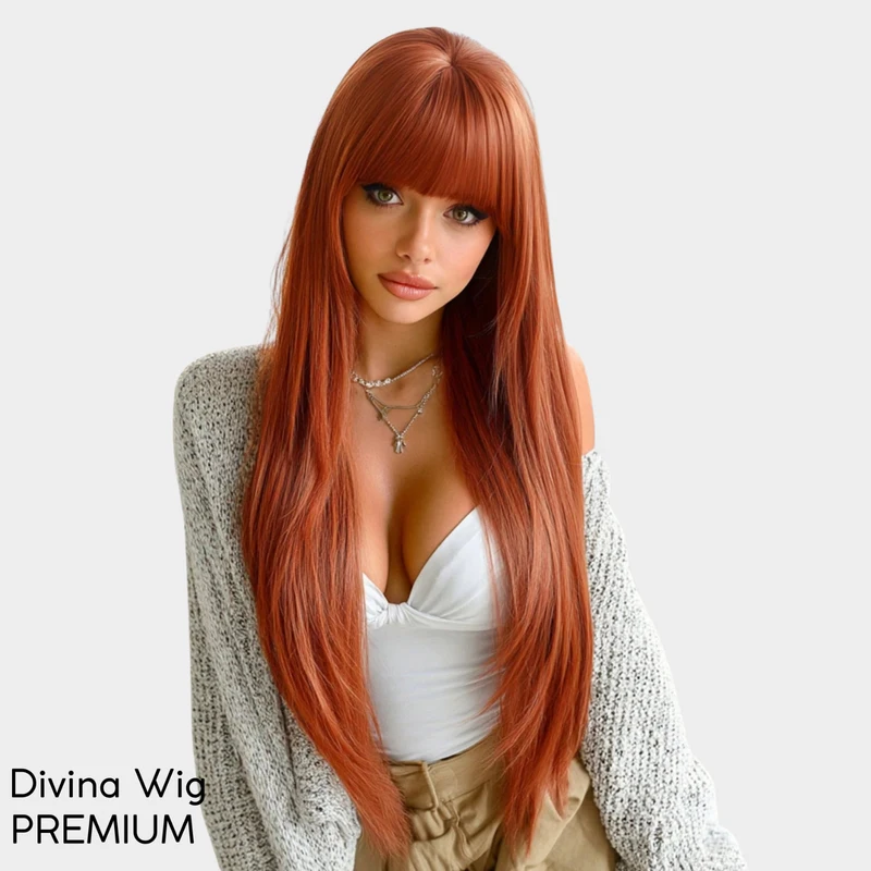 

Long Auburn Copper Wig with Bangs Heat Resistant Straight Layered Synthetic Hair