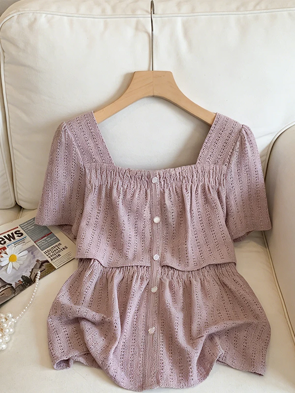 

plus Size Summer Shirt Hollow out Square Collar Short Sleeve Women's Top Slimming Effect Floral French Style Breathable