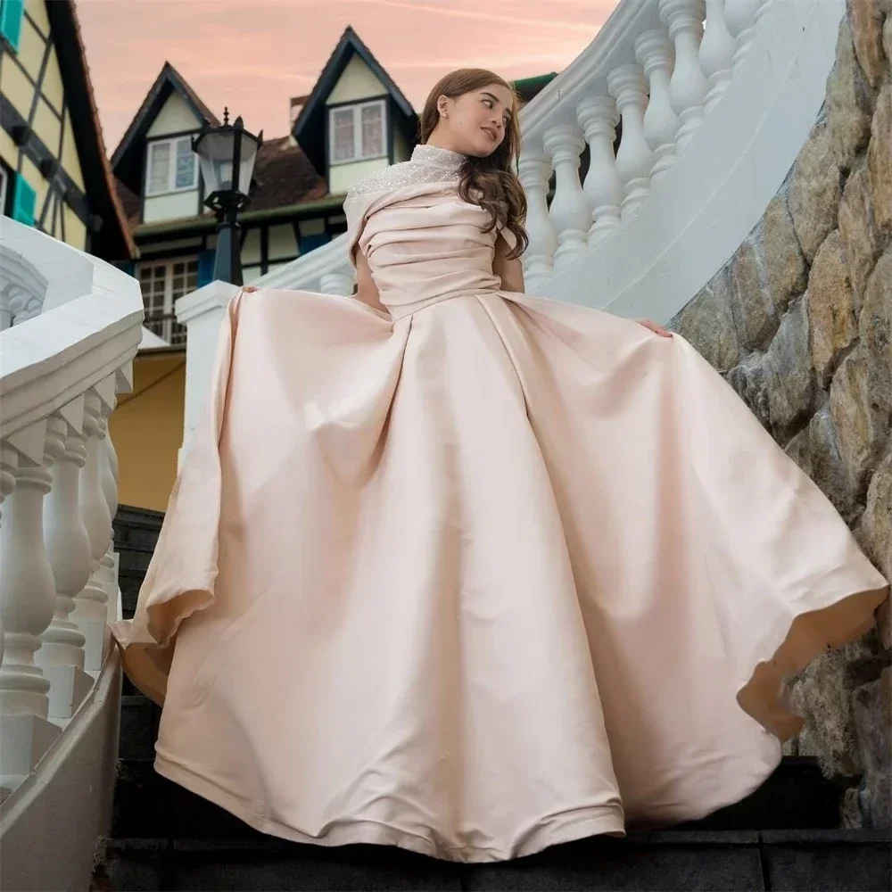 

Платья для выпускного вечера по индивидуальному заказу, элегантный высокий воротник, трапециевидное вечернее платье в стиле ампир с пайетками, длиной до пола, с коротким рукавом, вечерние платья, халат