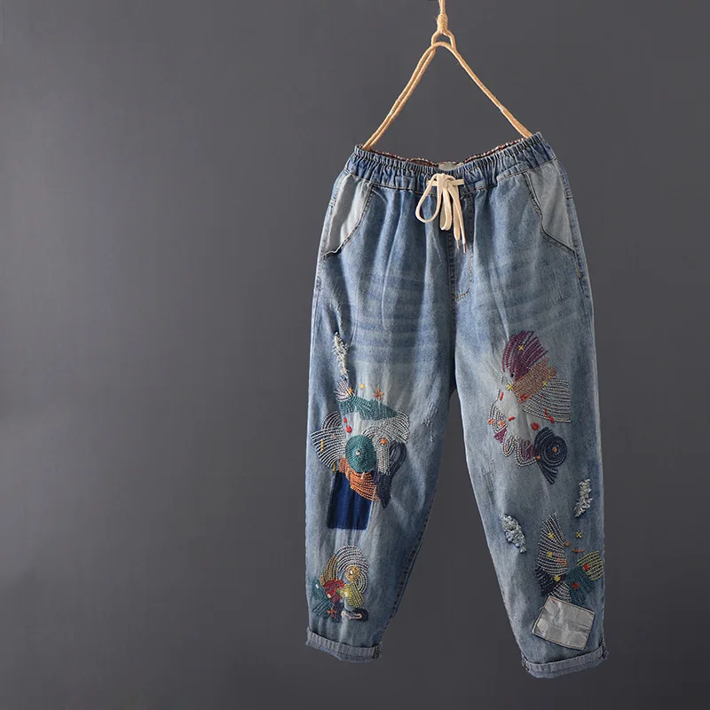 

Women Jeans Summer Vintage Washed Bleached Hole Embroidery Loose Female Tide Calf-Length Denim Harem Pants Wild JJ905