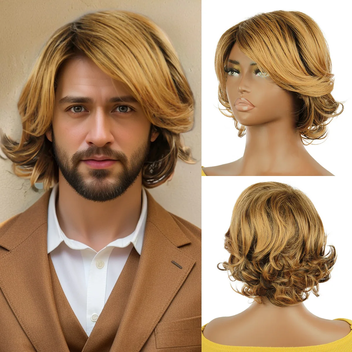 قصيرة شقراء الجذور الداكنة رجل شقراء Pelucas هالوين زي واقعية الألياف الاصطناعية أشعث شعر مستعار تأثيري