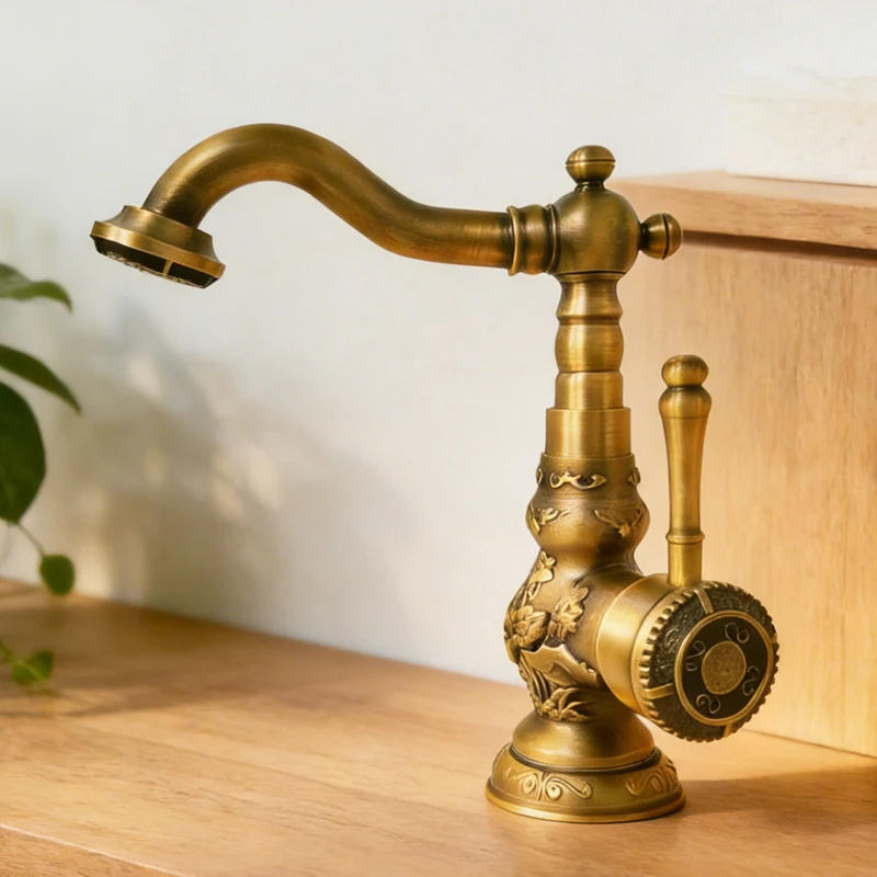Luxury Antique Bronze Copper Carving Deck Mounted Kitchen Faucet Bathroom Basin Faucet Sink Faucet Mixer Hot and Cold Water Tap