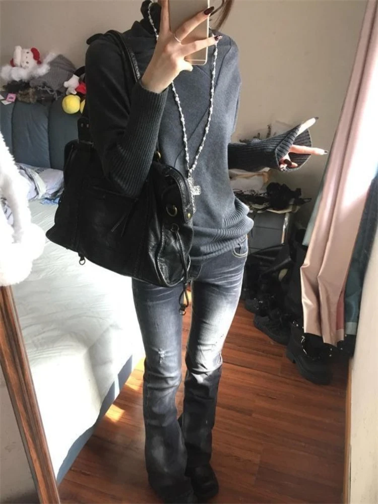 

Y2k Korean Fashion Slim Batwing Sleeve Autumn Sweaters 2000s Pure Color Subculture Casual Long Sleeve Vintage Pullovers Sweaters