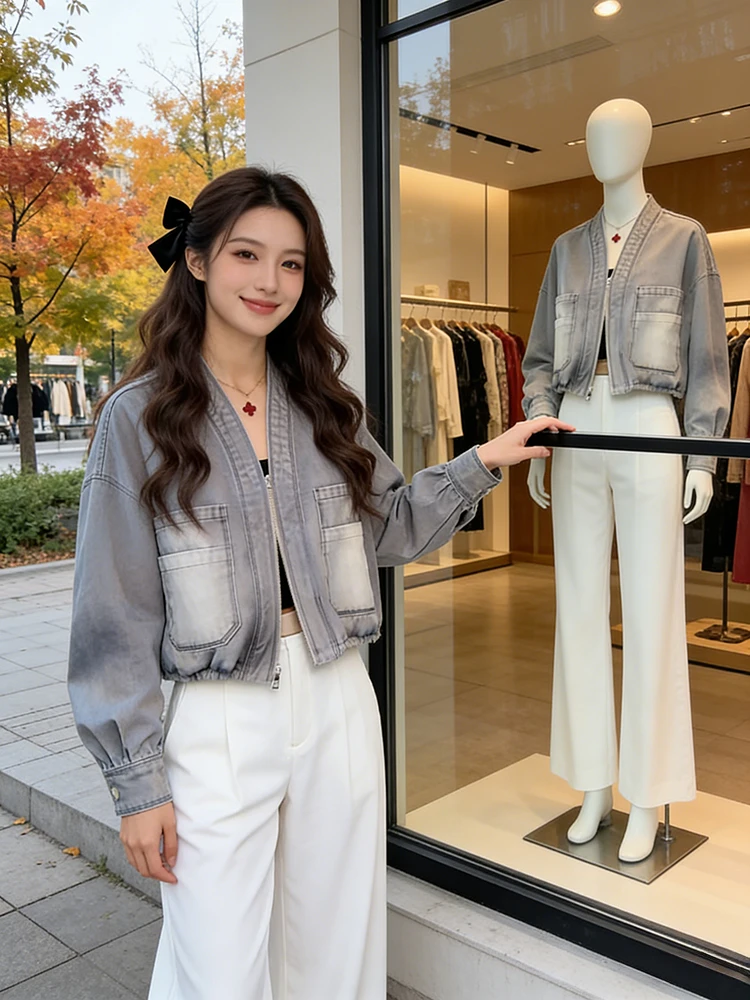 

Faionable ort American Denim Jaet Women's Spring 2026 New Retro Loose Jaet Super Beautiful Commute Sle Zipper Closure