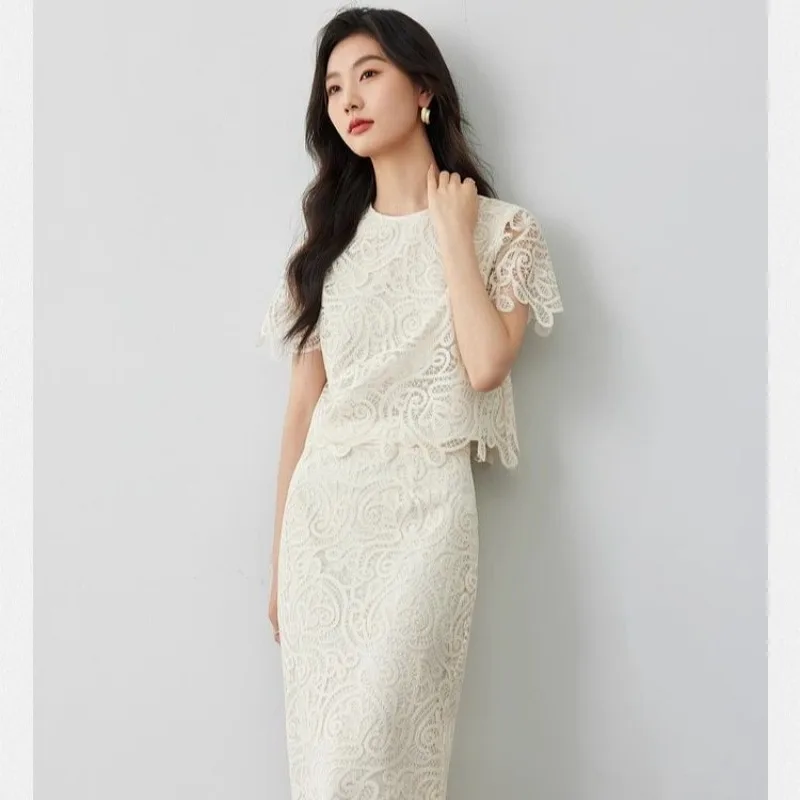

New Fashion Elegant Hollow Lace Two Piece Set Women Summer Short sleeve Blouse Top + Slim Skirt Small Fragrant Suit Office Lady