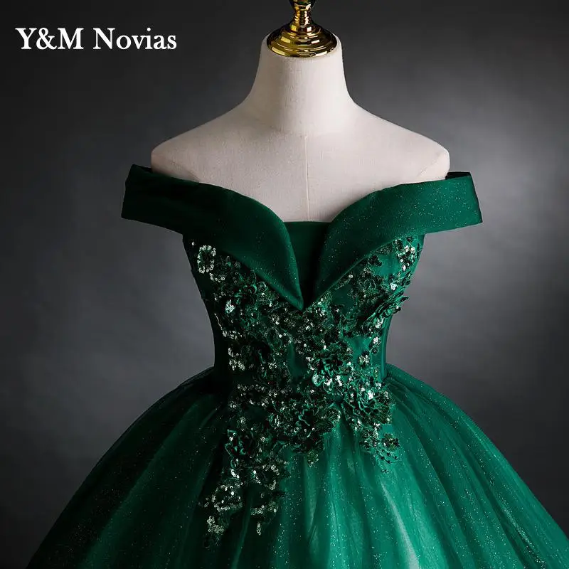 Y & M-Vestido De baile De quinceañera verde, Vestido De fiesta con hombros descubiertos, dulce, 16, encaje, lentejuelas, Vintage, talla grande