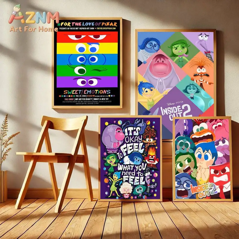 AZNM Disney Pixar Inside Out 2 Characters Art Print Frameless Canvas Wall Art for Kids Bedroom Living Room Decor Cartoon Emotion