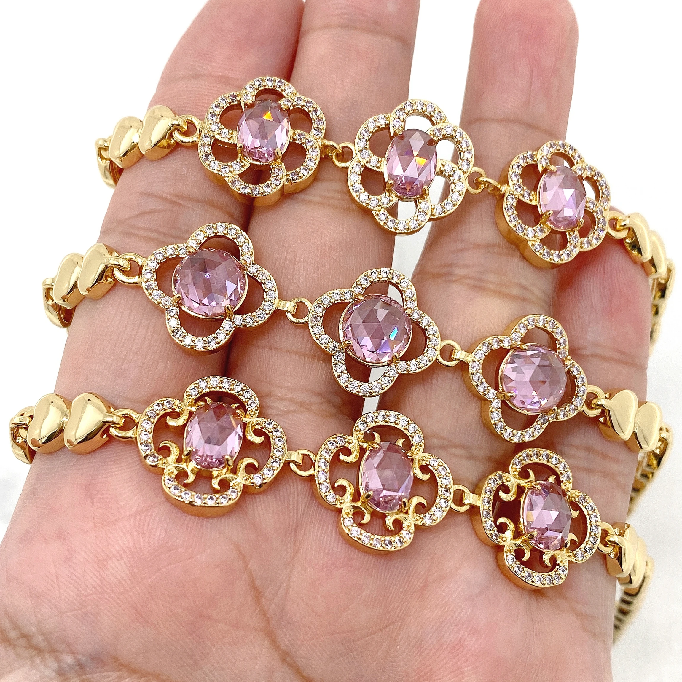 Luxury Clover Shaped Pink Stone Cubic Zirconia Crystal Bridal Bracelet Bangle Wedding Dinner Party Accessories