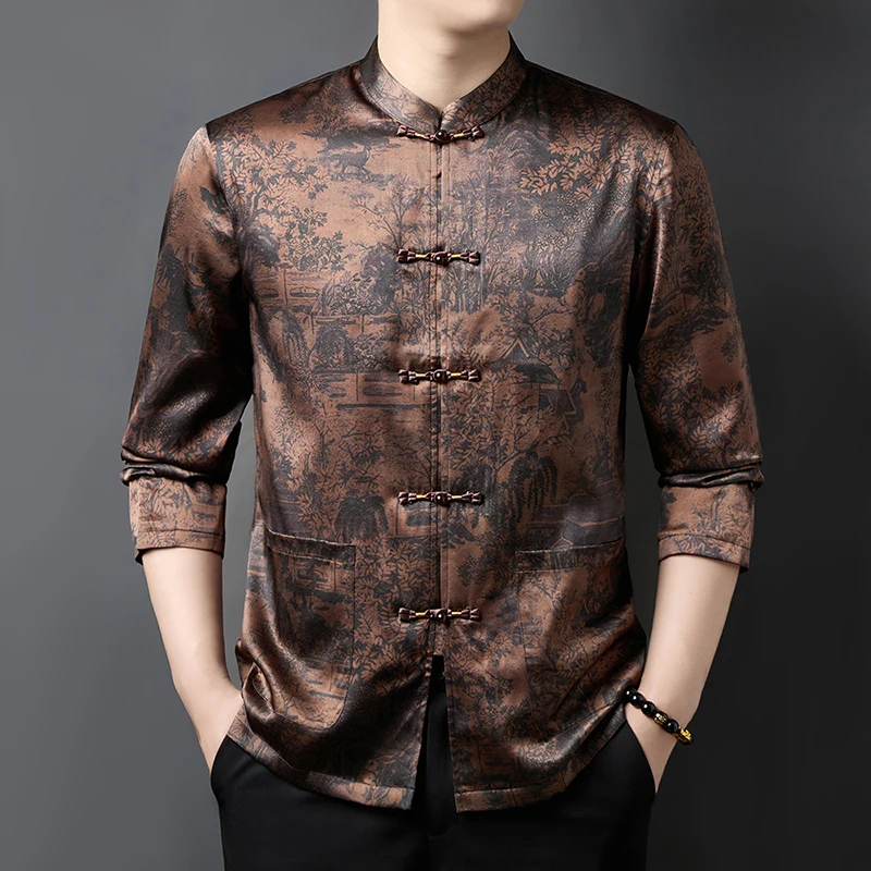 

Silk 90.8% Frog Tang Costume Shirts For Men Long Sleeved Premium Lightweight Smooth Comfortable National Style Camisas De Hombre