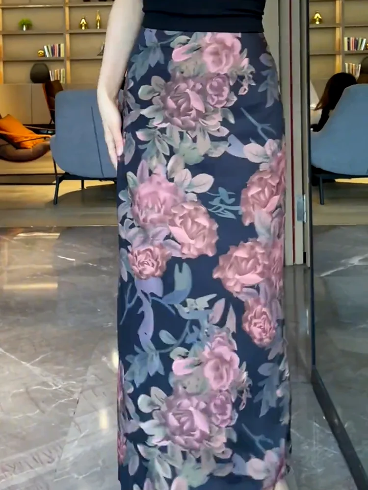 

Уникальная ретро-юбка с цветочным принтом, модная длинная юбка на весну с разрезом сзади, повседневная шикарная юбка больших размеров
