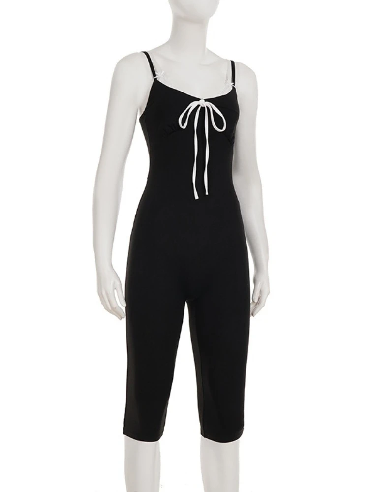 SsTss ストリートスタイル カラーブロック スパゲッティストラップ ジャンプスーツ ファッション タイアップ フロント Vネック ノースリーブ スリム カプリパンツ ワンピース ロンパース