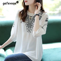 Korean Simple Style Lace Embroidery Vintage Elegant White Shirts Blouses for Women Summer Casual Loose Half Sleeve Top Female