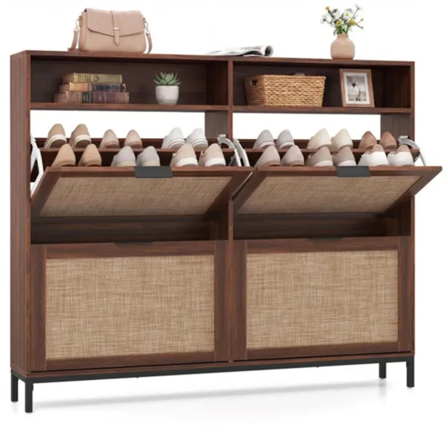 Boho Style Shoe Cabinet Cabinet With 4 Flip Drawers and Open Shelves, Freestanding Shoe Organizer For Entryway