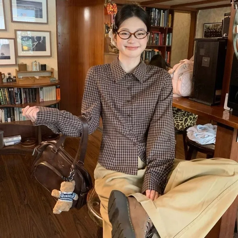 Deeptown Brown Plaidi Vintage Women Shirts Elegant Long Sleeve American Style Blouses Slim Casual Aesthetic Classic Office Lagy