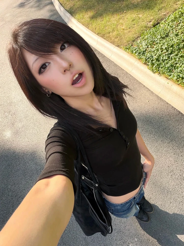 Tonngirls Y2k Japanisches T-Shirt Damen Halbarm Schwarzes T-Shirt Tops Streetwear Amerikanisches Retro Vintage Grunge Tops 2000er Jahre Fairycore – Detail 4