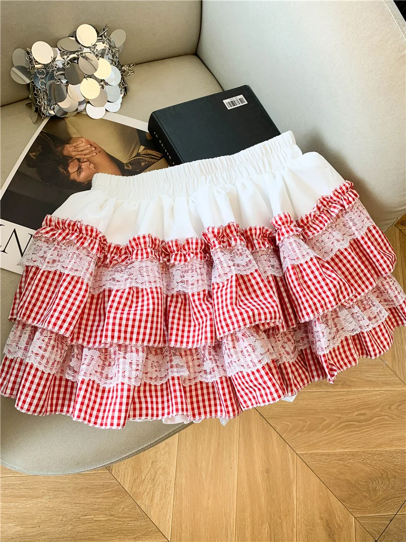 Princess Style Cake Skirt with Lace Splicing Plaid Puffy Design Spring Sweet Elastic Waist Anti-Light A-Line Skirt for Girls