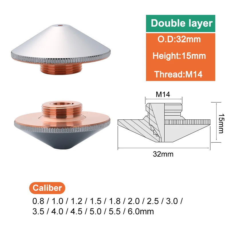 Boquilla de cobre láser de fibra D32mm M14, boquilla de una sola/doble capa que se puede utilizar en equipos de corte por láser de fibra