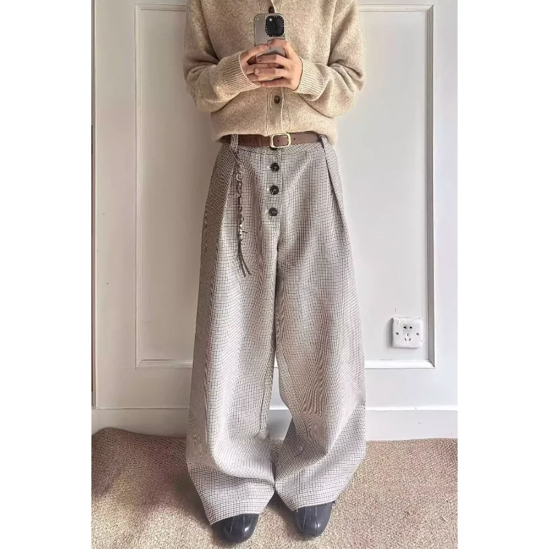 Old Money Style Houndstooth Buttoned A-line Trousers Men Autumn American High Street Trousers Lazy Loose Wide-leg Pants