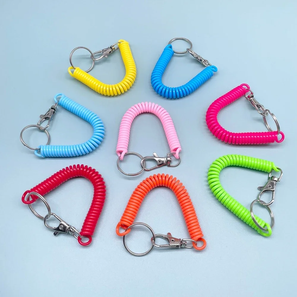 Candy Plastic Spring Spiral Rope Key Chain Retractable Anti-Lost Mobile Phone Cord with Metal Carabiner Holder Straps Keyring