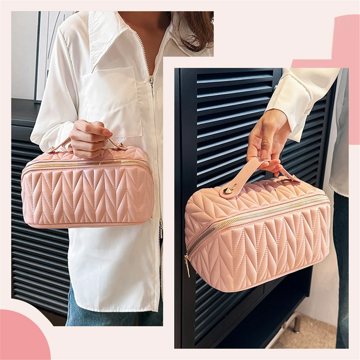 ABQR Borsa da trucco da viaggio in pelle Borsa da toilette di grande capacità Organizzatore per donna con tasca interna impermeabile, Verde chiaro