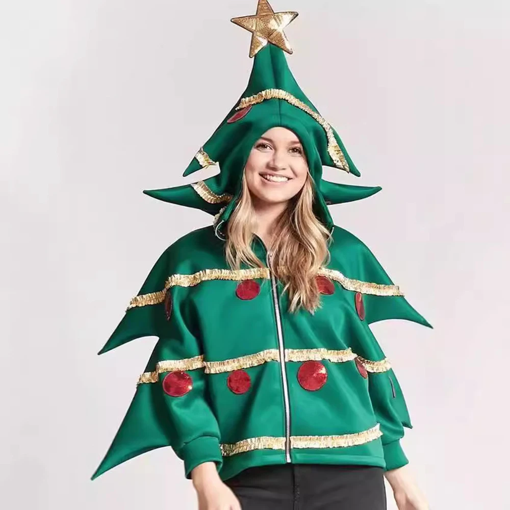 Christmas Hoodie Party Cosplay Costumes Men and Women Dark Green Zipper Hoodies Christmas Tree Stage Play Costume Clothing