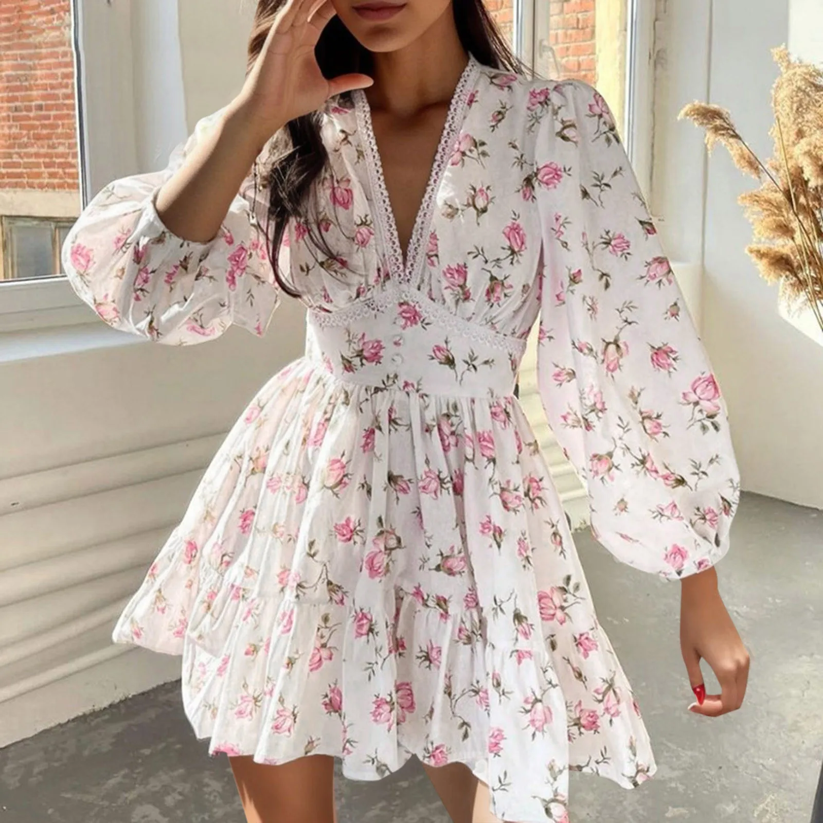 

Sexy Lady Women Wrist Floral Printing V Neck Flare Sleeve Dresses Pleated Lacing Ruffle Bohemian Casual Summer Summer Dresses