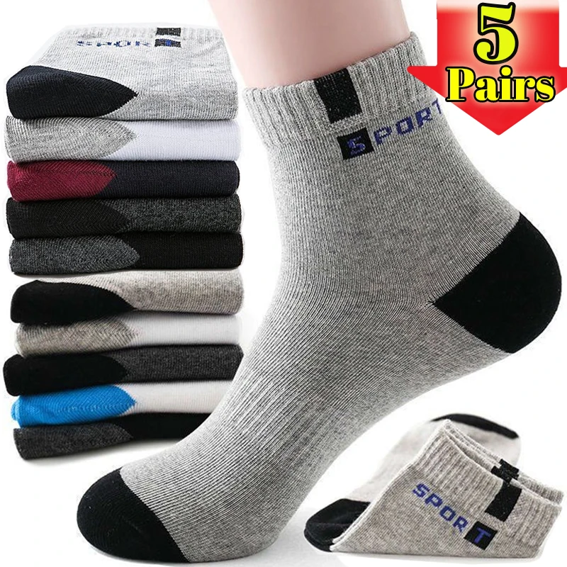 5 คู่ถุงเท้าผ้าฝ้ายสําหรับชายกีฬาBreathable Soft Letterแฟชั่นฤดูร้อนรองเท้าผ้าใบยืดหยุ่นสูงกลางหลอดถุงน่องผ้าเช็ดตัวSox