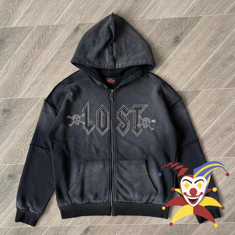 Black Lost intricacy Lavender Zip Up Patchwork Hoodie Men Women Diamond Inlaid Skull Logo Oversize Hooded