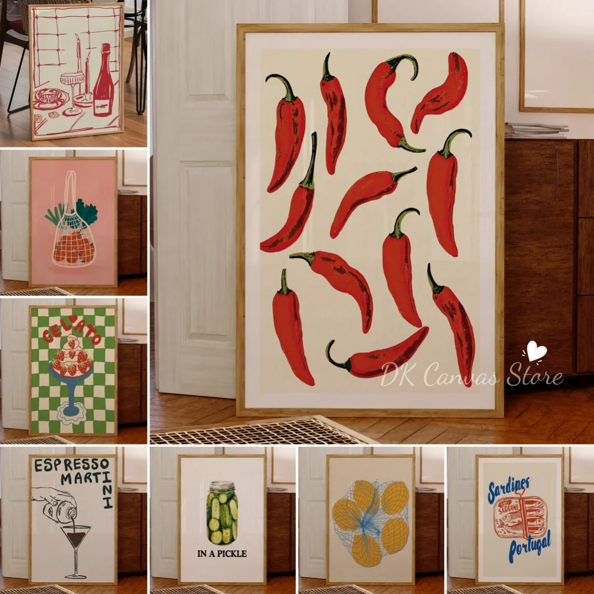 Fiery Pepper Food Canvas Prints Poster Red Wine Sardine Hand Drawn Dining Prints Kitchen Dining Room Wall Art Home Decor Poster