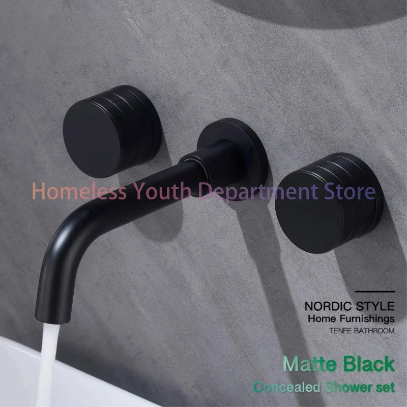 Luxury black bathroom concealed faucet wall-mounted design, double handle, 3-hole cold and hot dual-control brass basin Tap