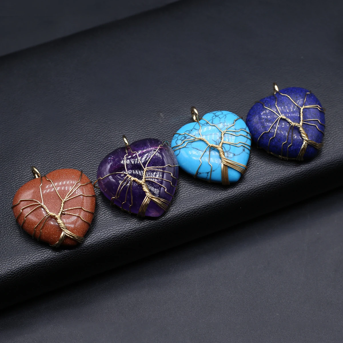 6PCS Natural Stone Heart shaped Gold Thread Wrapped Life Tree Weaving Pendant Jewelry Making DIY Necklace Accessories Gift