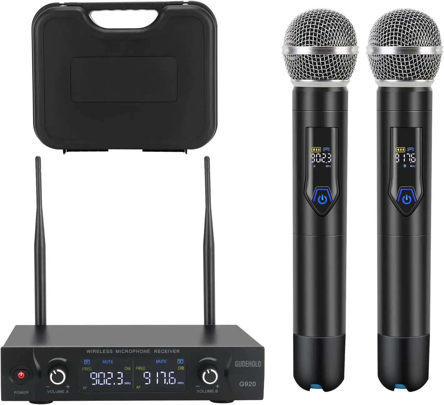 

Wireless Microphone System with case Metal UHF Dual Handheld 20 Channels Professional Cordless Mic System for Church DJ