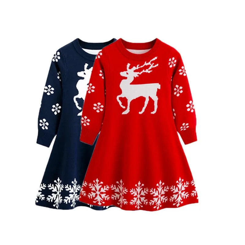 

Детское зимнее толстое теплое трикотажное платье, свитер с рисунком оленя, повседневная праздничная одежда для детей 1-6 лет, новогодний рождественский подарок для девочек