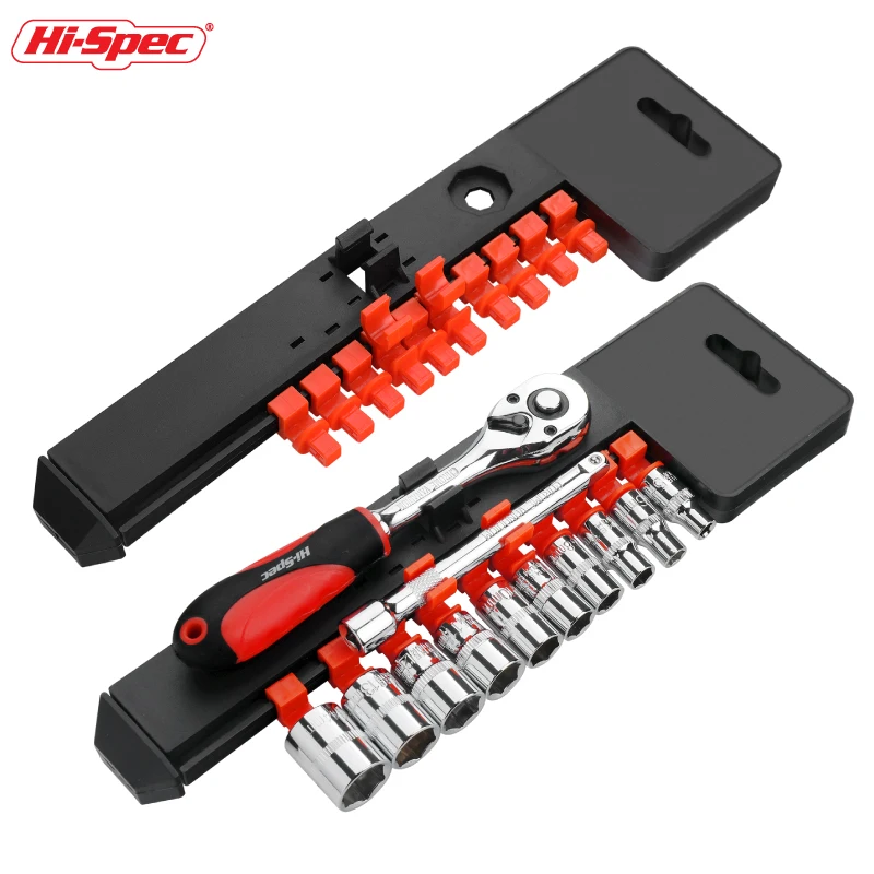 Hi Spec-organizador portátil de herramientas para el hogar, estante de almacenamiento de llaves de tubo, soporte de riel, organizador negro y rojo, armario, 1/4 ", 3/8", 1/2"