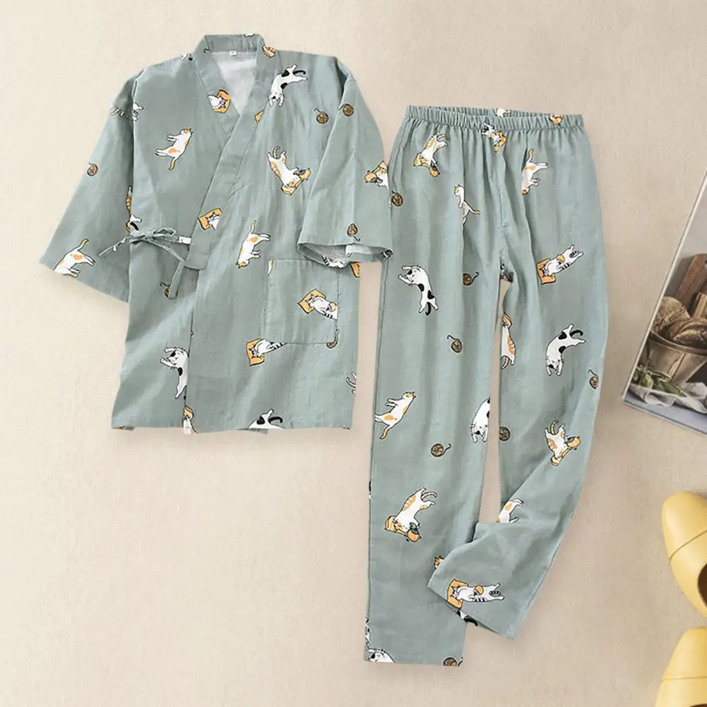 2Pcs Japanese-style Kimono Pajamas Set Cotton Blend Straight Wide Leg Cat Print Tops Long Pants Set Sleeping Home Clothes