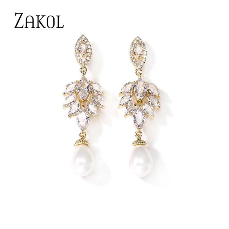 ZAKOL Elegant Cubic Zirconia Leaf Dangle Earrings for Women Luxury Imitation Pearls Bridal Earring Wedding Jewelry