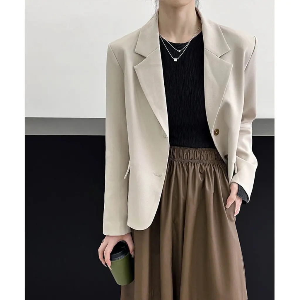 

Juzhi Women's Korean Style Casual Suit Jacket Loose Fit Autumn Work Clothing Simple Hidden Design