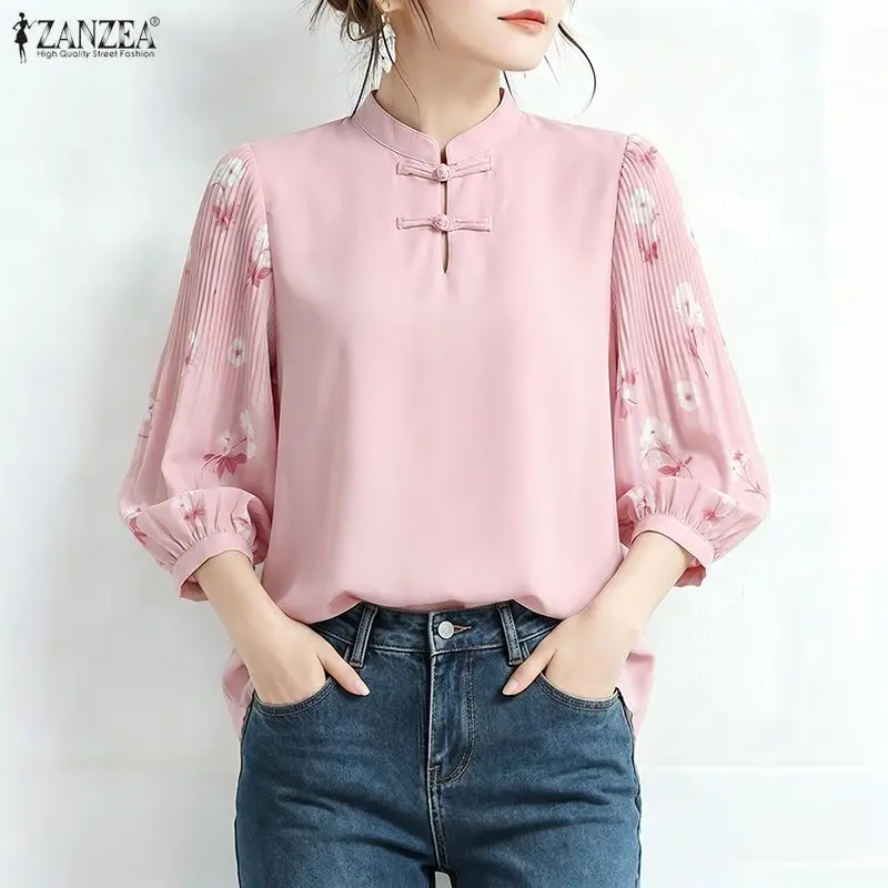 

ZANZEA Summer Floral Patchwork Blouse Women Elegant Pleated Work Shirt Stand Neck 3/4 Sleeve Tunic Tops Casual Female Chemise