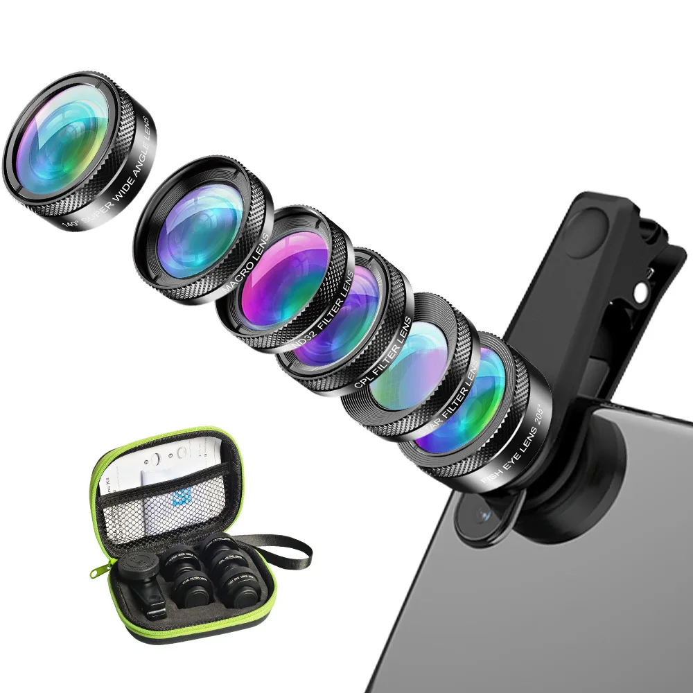 

Универсальный внешний набор объективов для телефона 6-в-1: Fisheye, широкоугольный, макро, телеобъектив, CPL, звездный фильтр