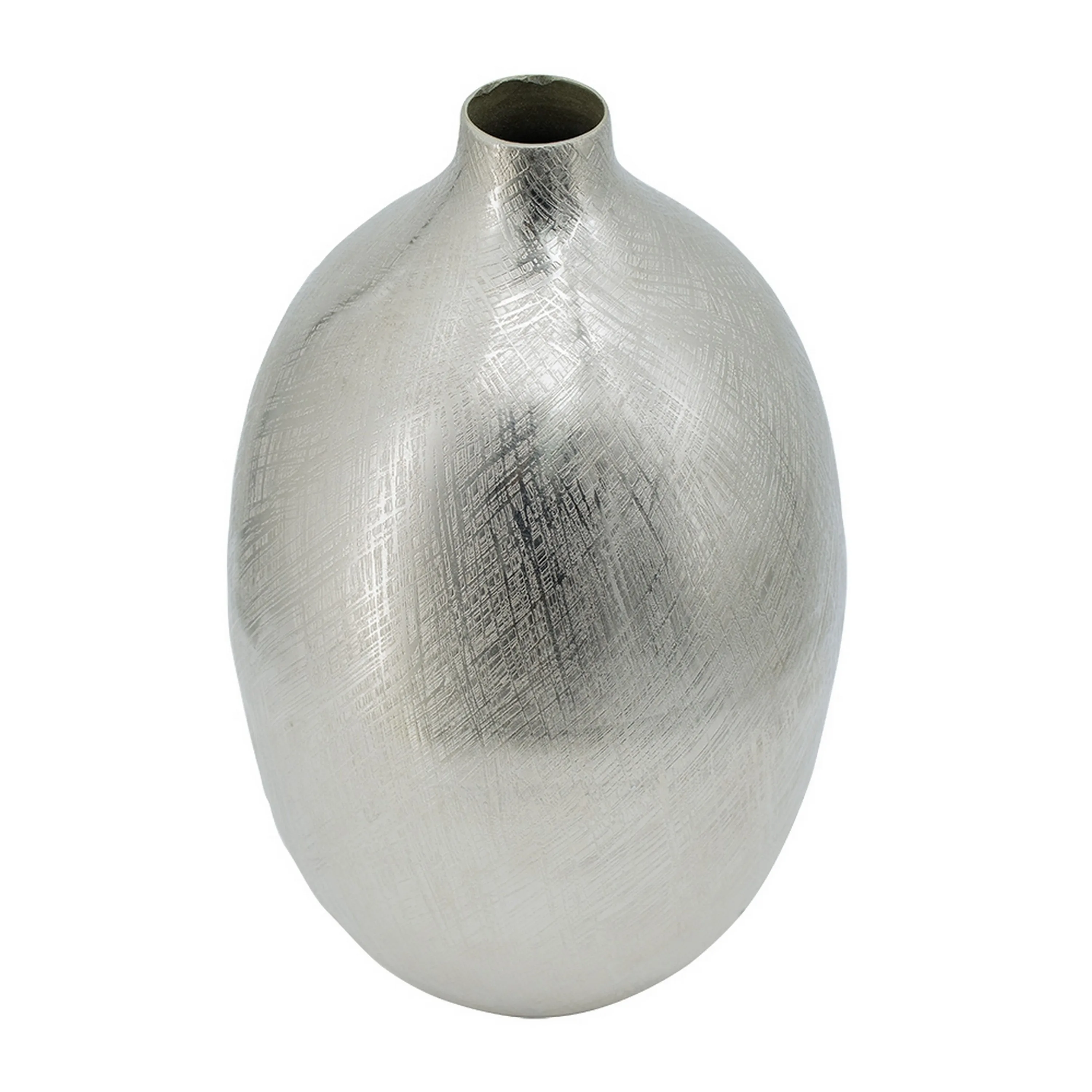 Brushed Silver Metal Bud Vase, Modern Textured Oval Flower Vase for Tabletop Centerpiece, Living Room Home Decor Accent