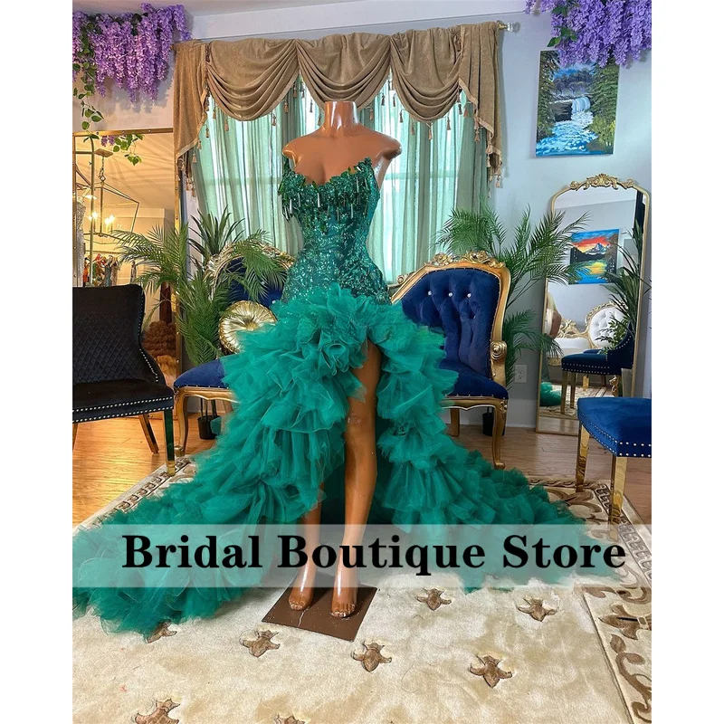 Sparkly Sequin Beaded Mermaid Prom Dress For Black Girls Luxury Evening Party Gala Gown Birthday Ruffles Slit robes de soirée